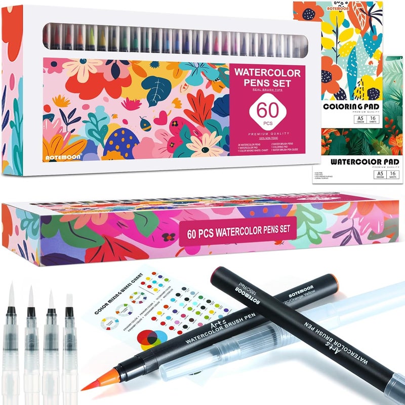 AOTEMOON 60 Watercolor Pens Set Includes 52 Vivid Colors, Real Brush Tips Paint Markers Set with 4 Blender Pens, Watercolor Pad and Coloring Pad, Art Supplies Gifts for Beginners Young Artists and Adults - Image 1
